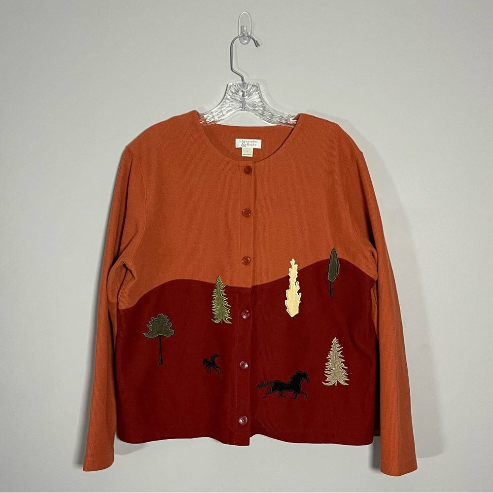 Christopher And Banks Womens Sweater Large Country Cabin Embroidered Horses